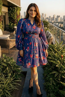 Royal Indigo Floral V-Neck Puff-Sleeve Belted Mini Dress