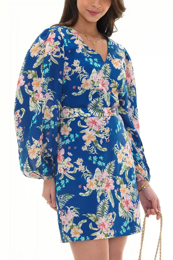 Close-up of Pretty Pixie royal indigo floral V-neck puff-sleeve belted mini dress