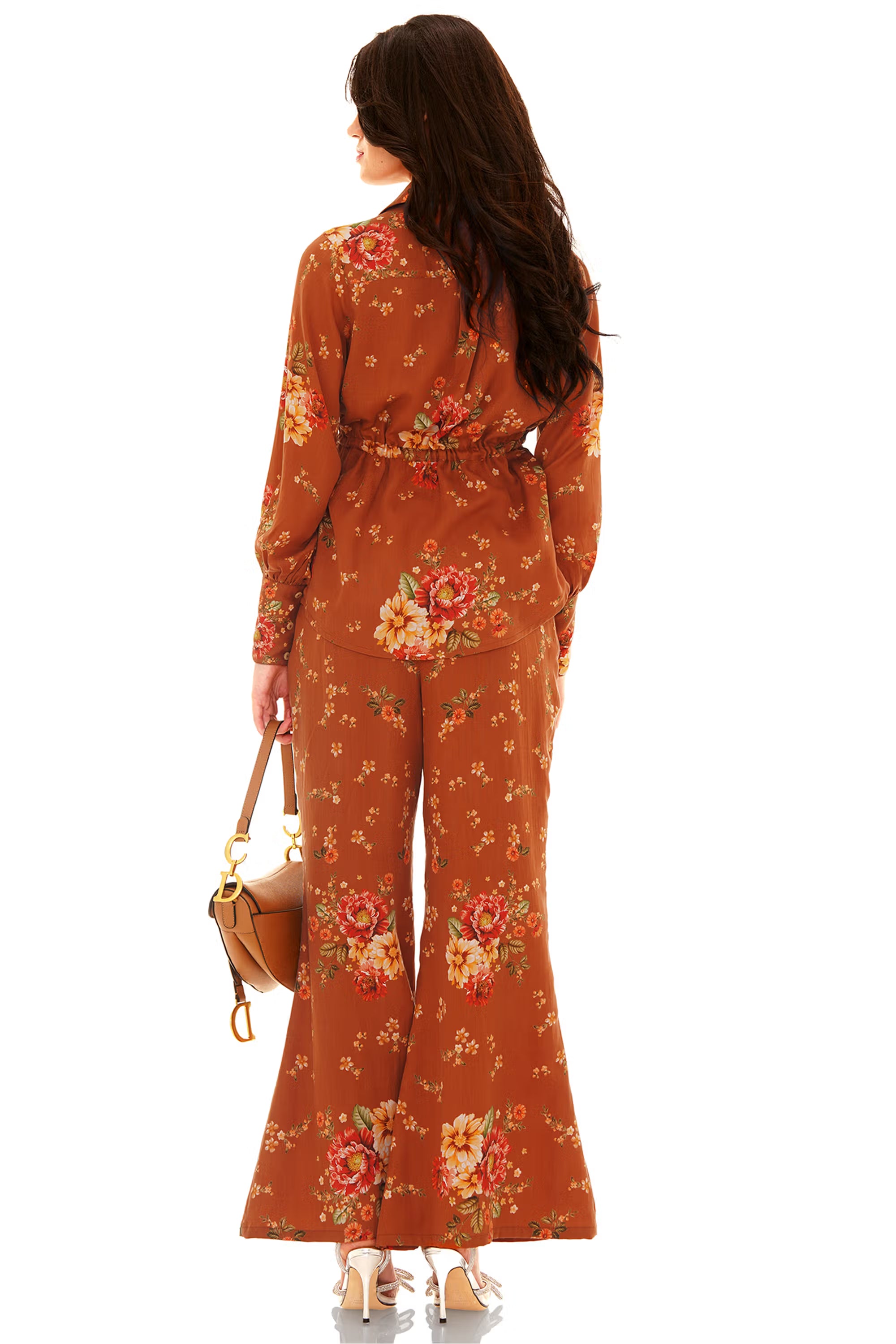 Rust floral wide pants with belted shirt co-ord set, back view