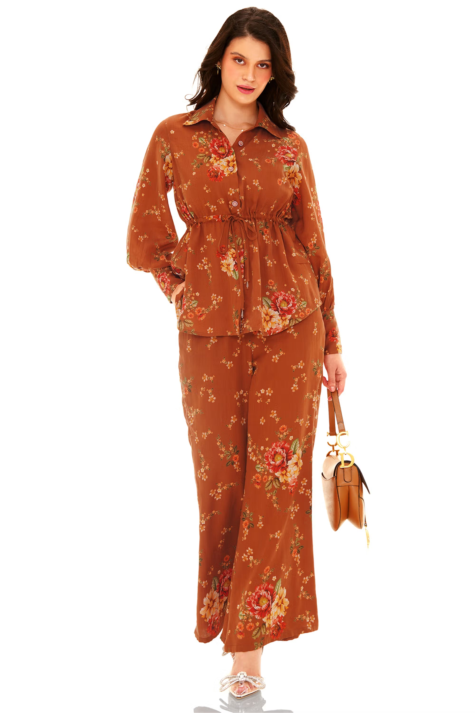 Rust floral belted shirt and wide pants co-ord set, front view