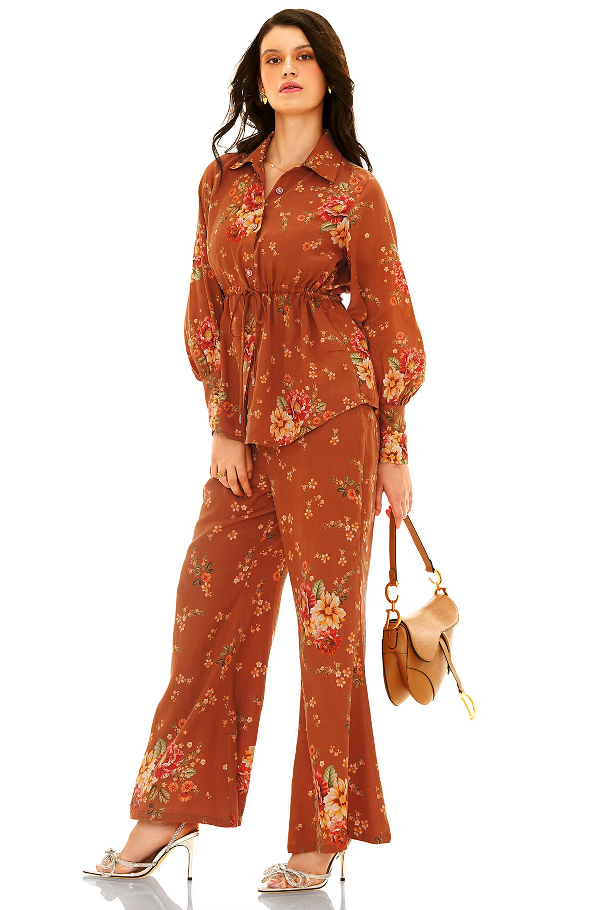 Rust floral printed belted shirt with wide-leg pants, side angle