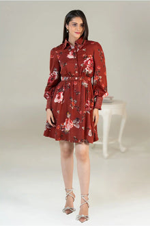 Rust Red Floral Button-Down Belted Long Sleeve Mini Dress