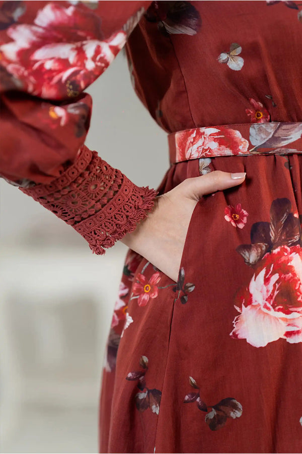 Rust Red Floral Button-Down Belted Long Sleeve Mini Dress — view 4