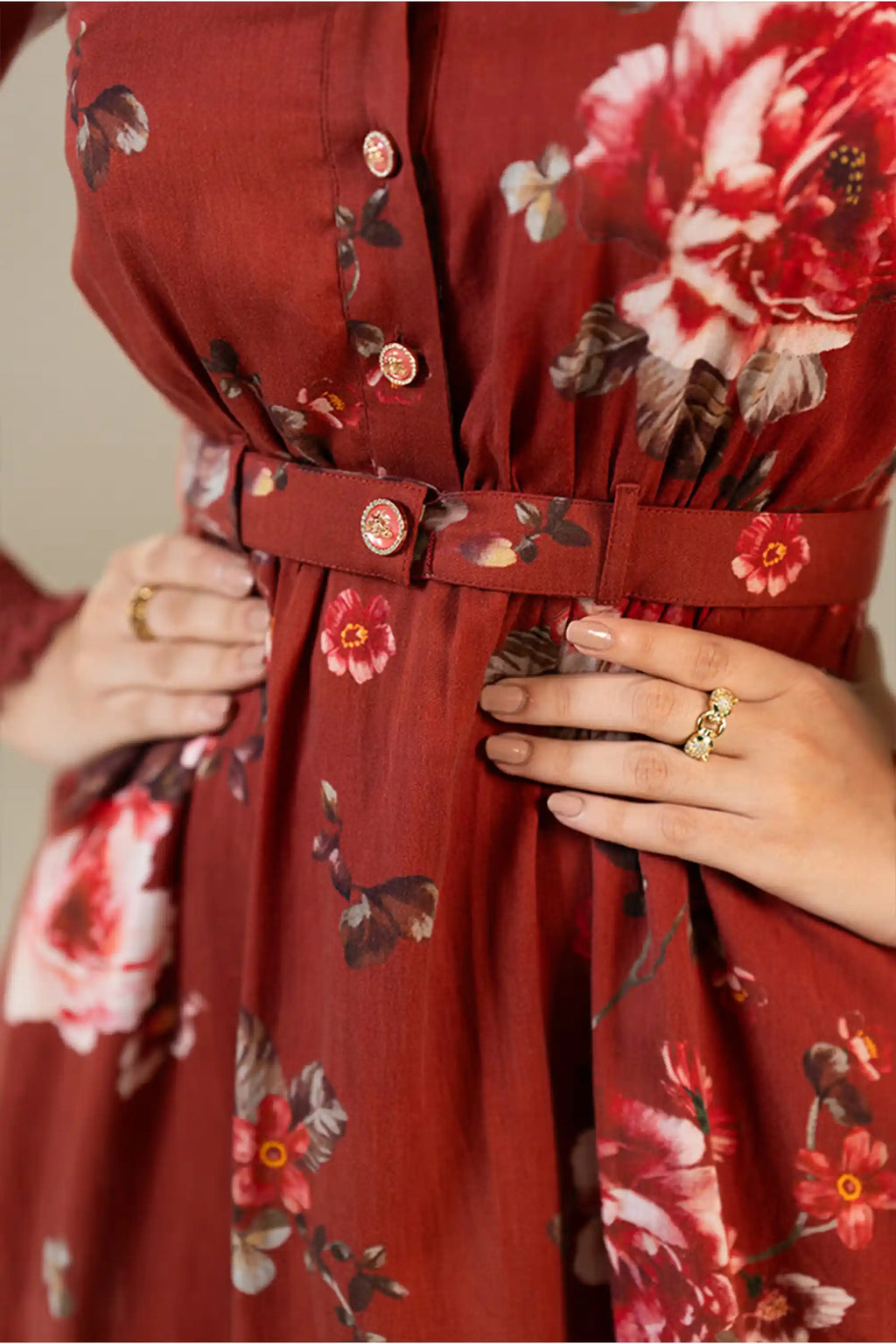Rust red floral shirt dress with waist belt detail