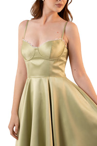 Bodice closeup: sage satin bustier midi dress with lace trim