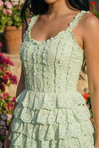 Sage Green Eyelet Tiered Ruffle Corset Mini Dress