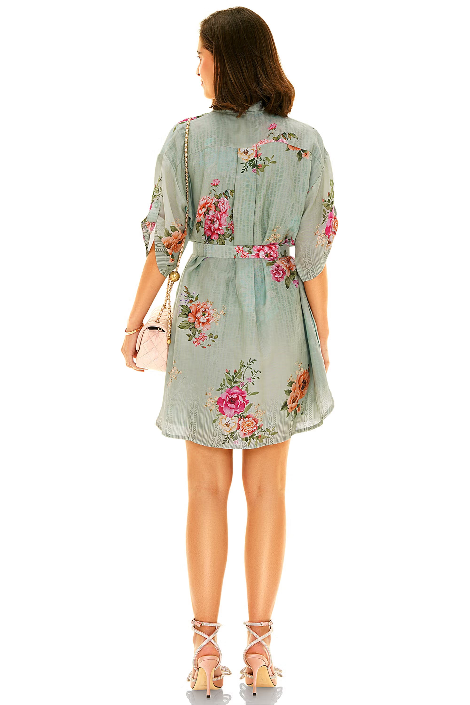 Back view of sage green floral belted shirt mini dress with short sleeves