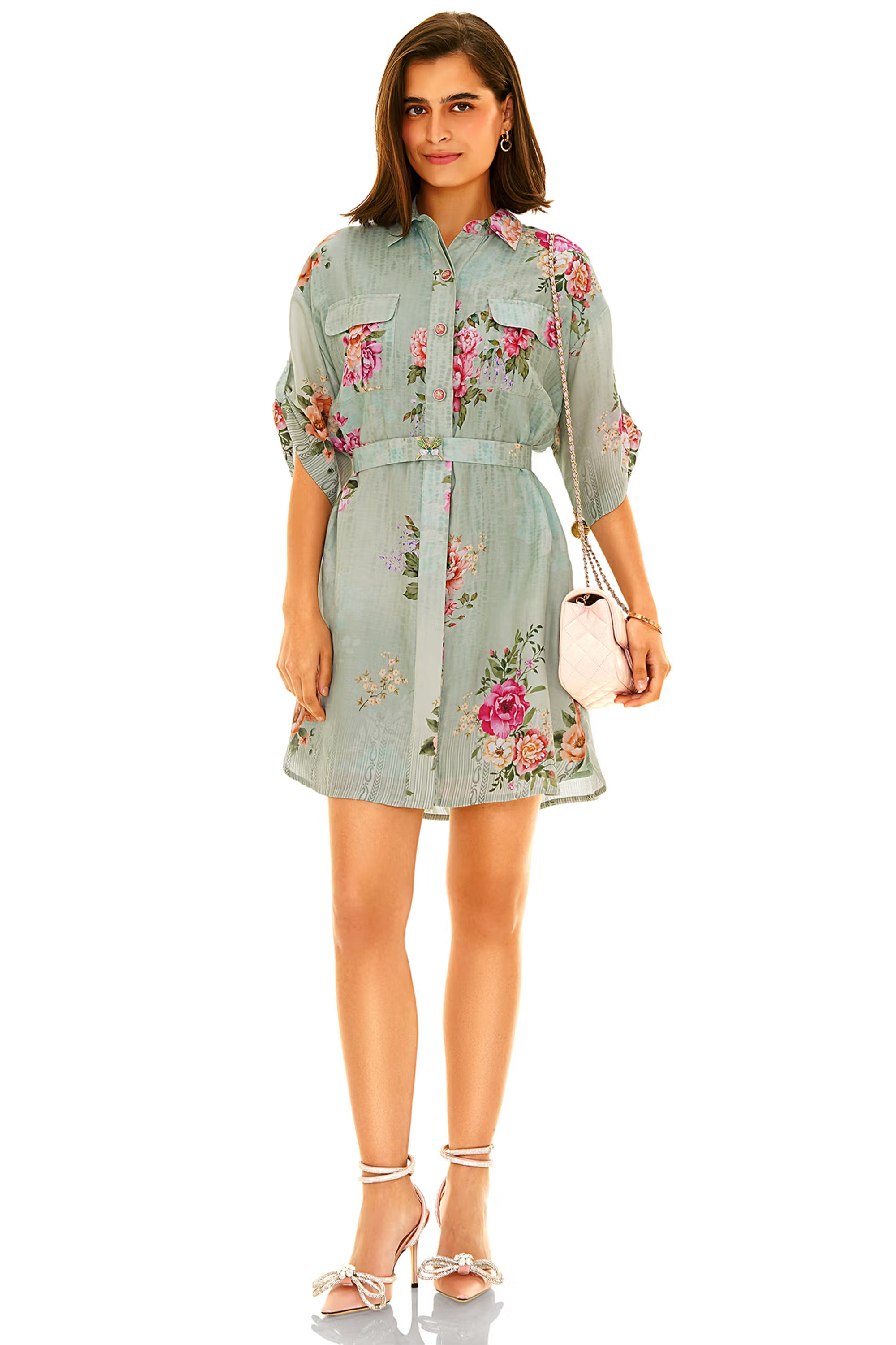 Front view of sage green floral belted shirt mini dress with short sleeves