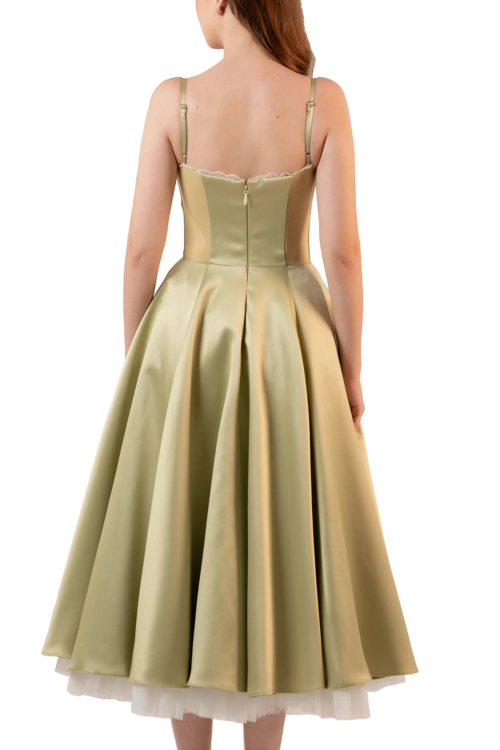 Back view: sage satin bustier midi dress with zipper