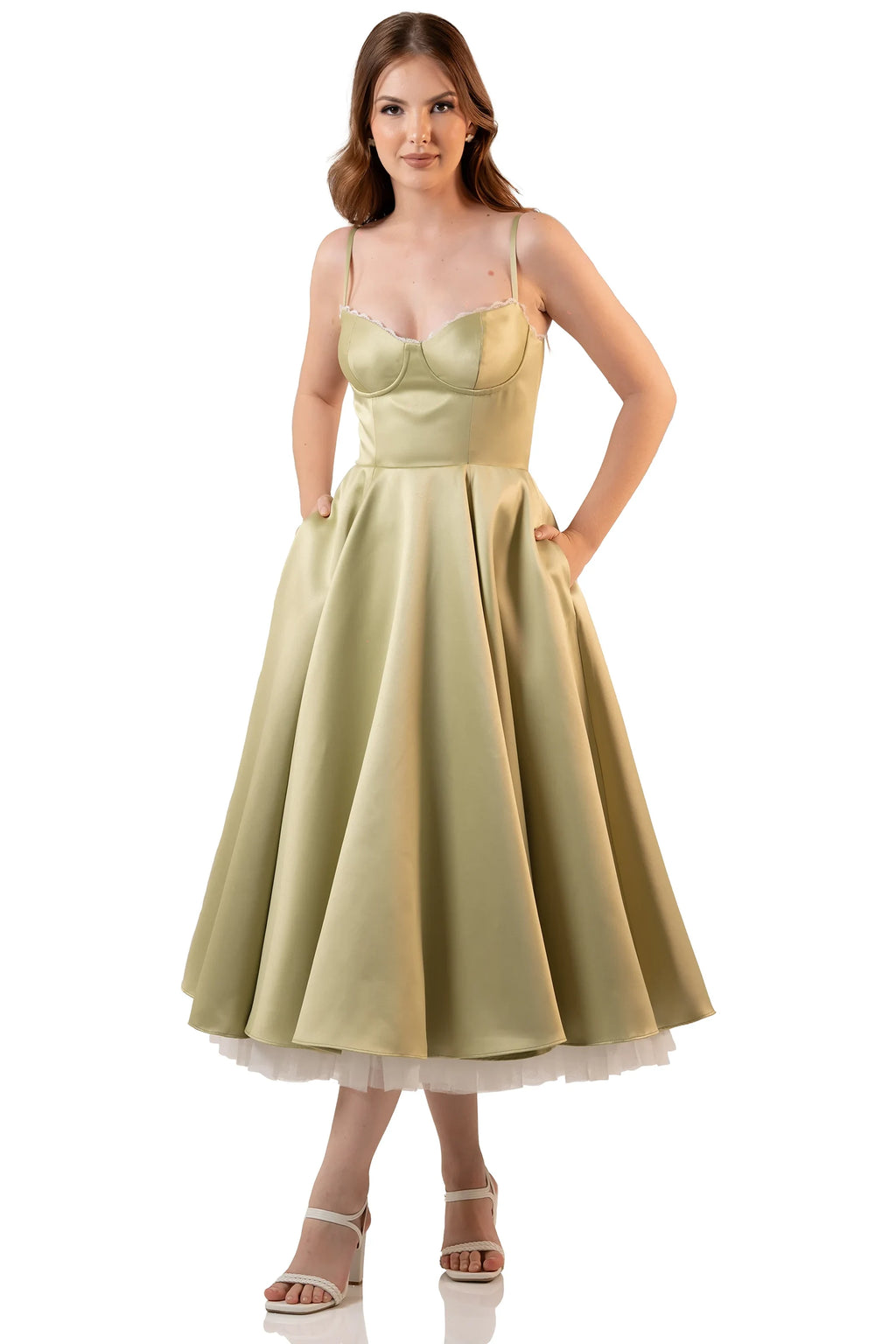 Front view: sage satin bustier midi dress, A-line swing