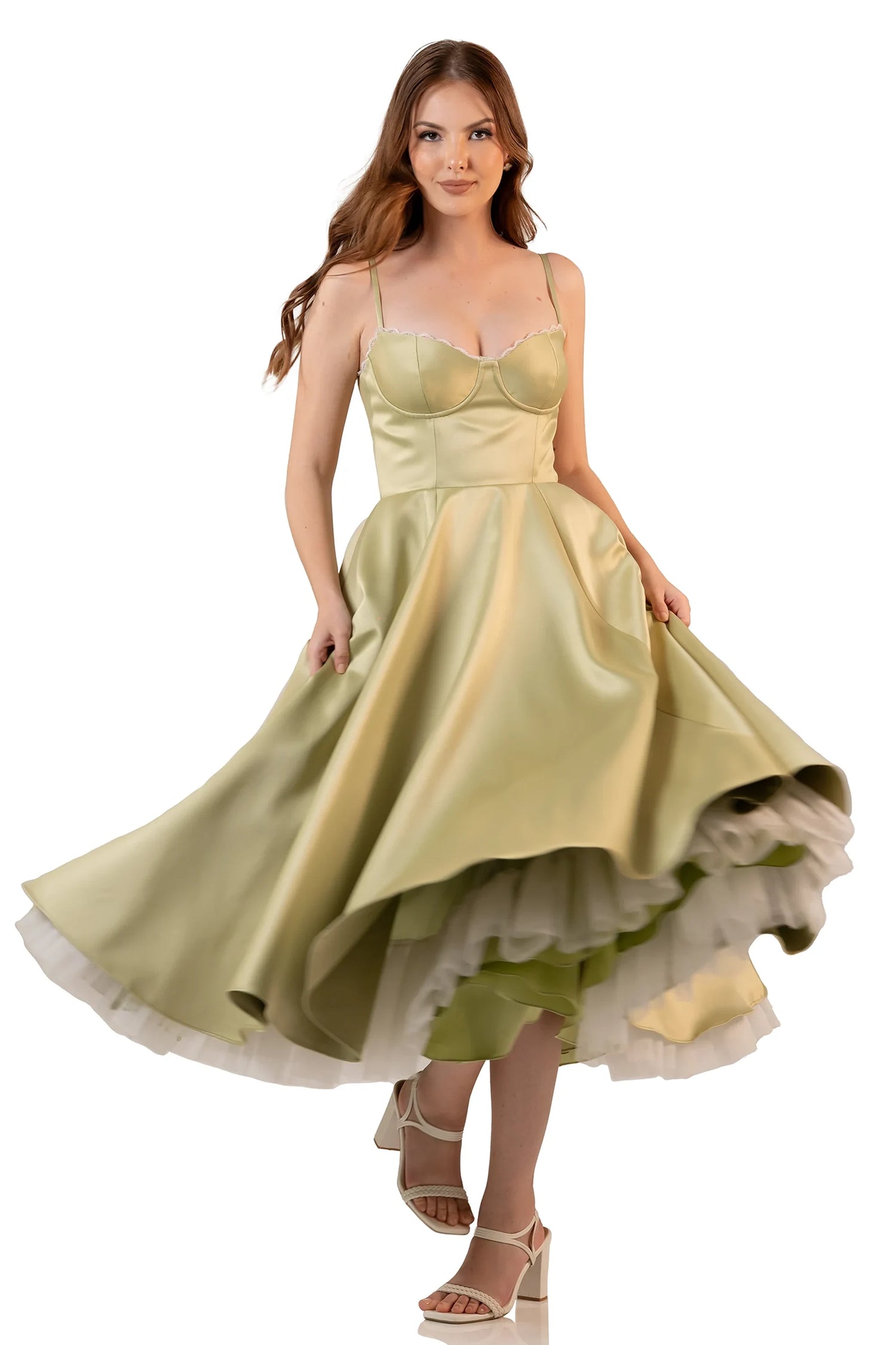 Front view: sage satin swing midi dress, bustier bodice