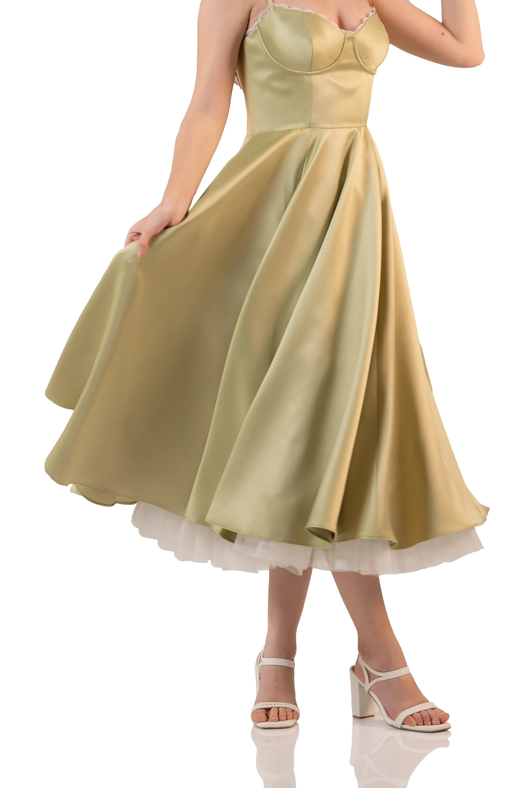 Twirl detail: sage satin bustier midi dress with tulle hem