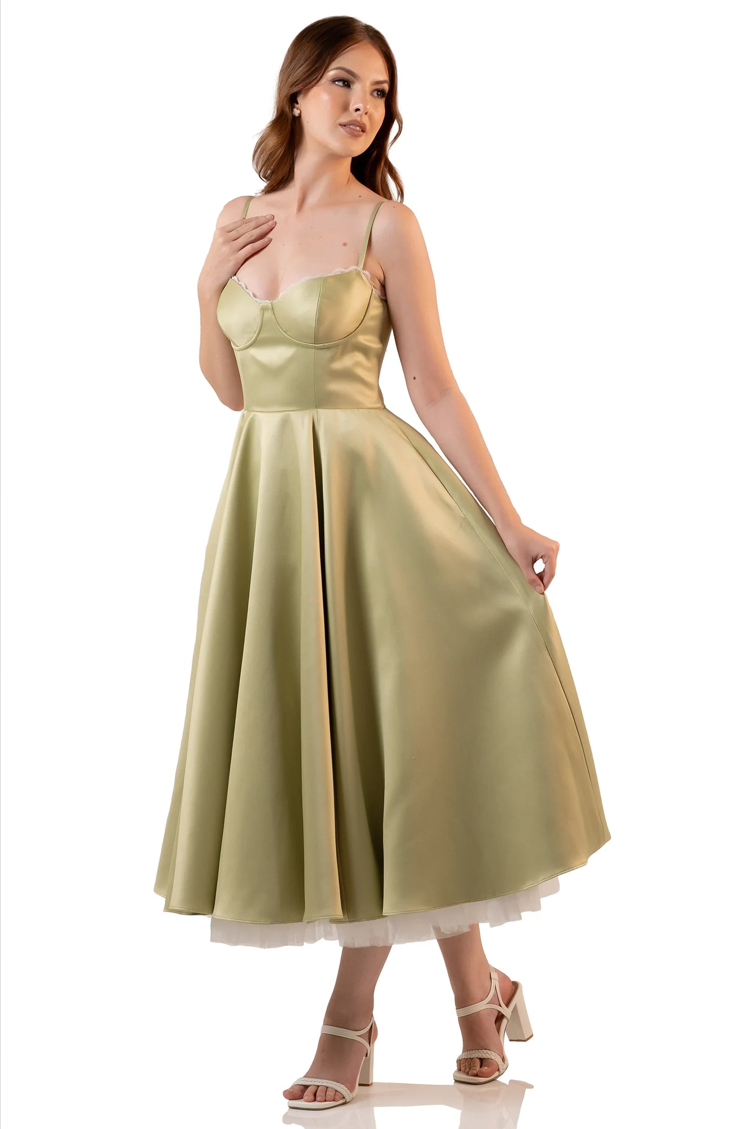 Side view: sage satin bustier midi dress, flared skirt