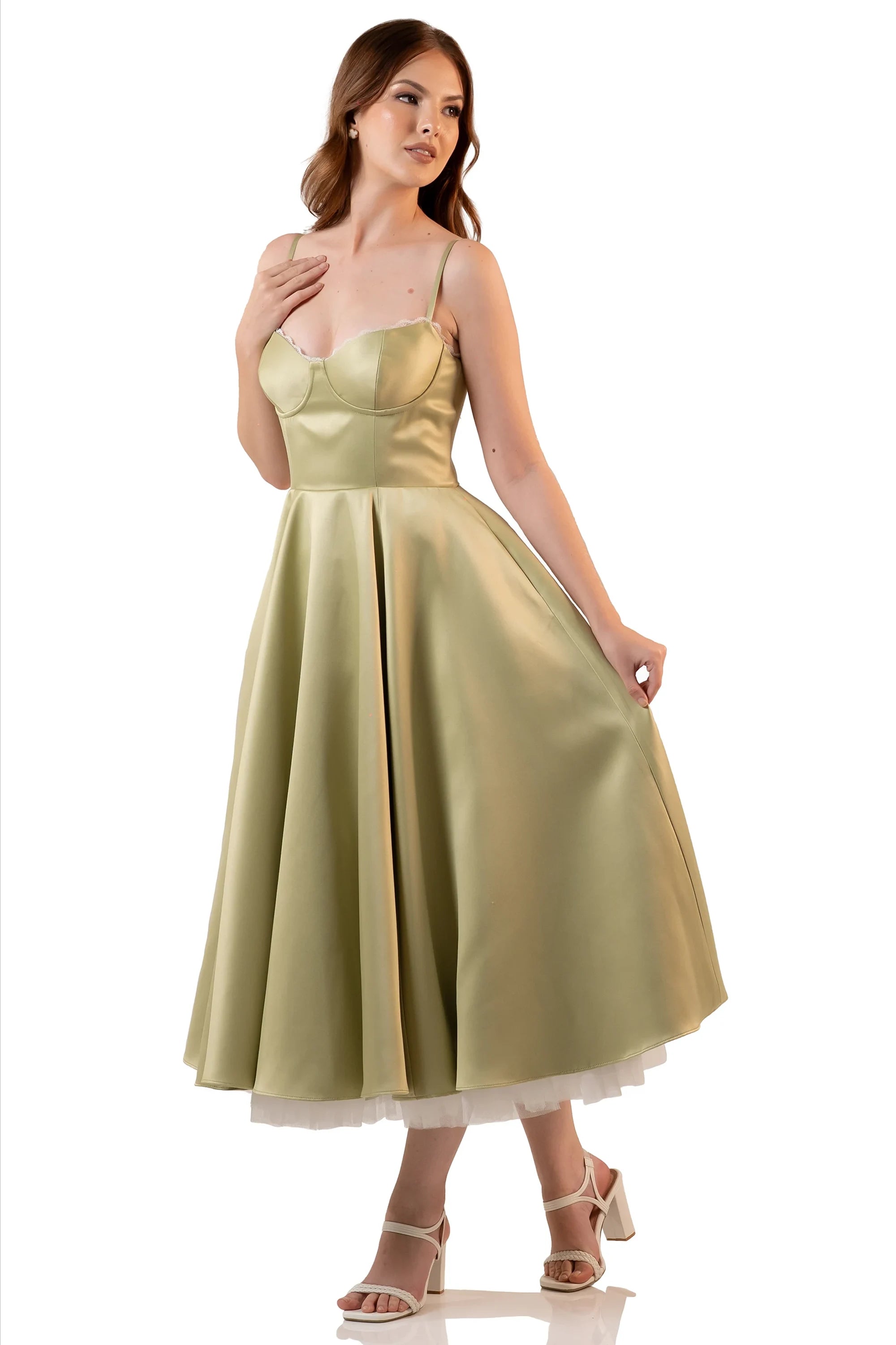 Side view: sage satin bustier midi dress, flared skirt