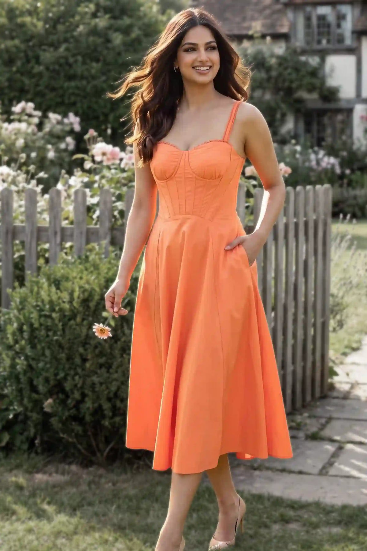 Pretty Pixie Papaya Punch lace-trim bustier strap midi dress for women, campaign photo