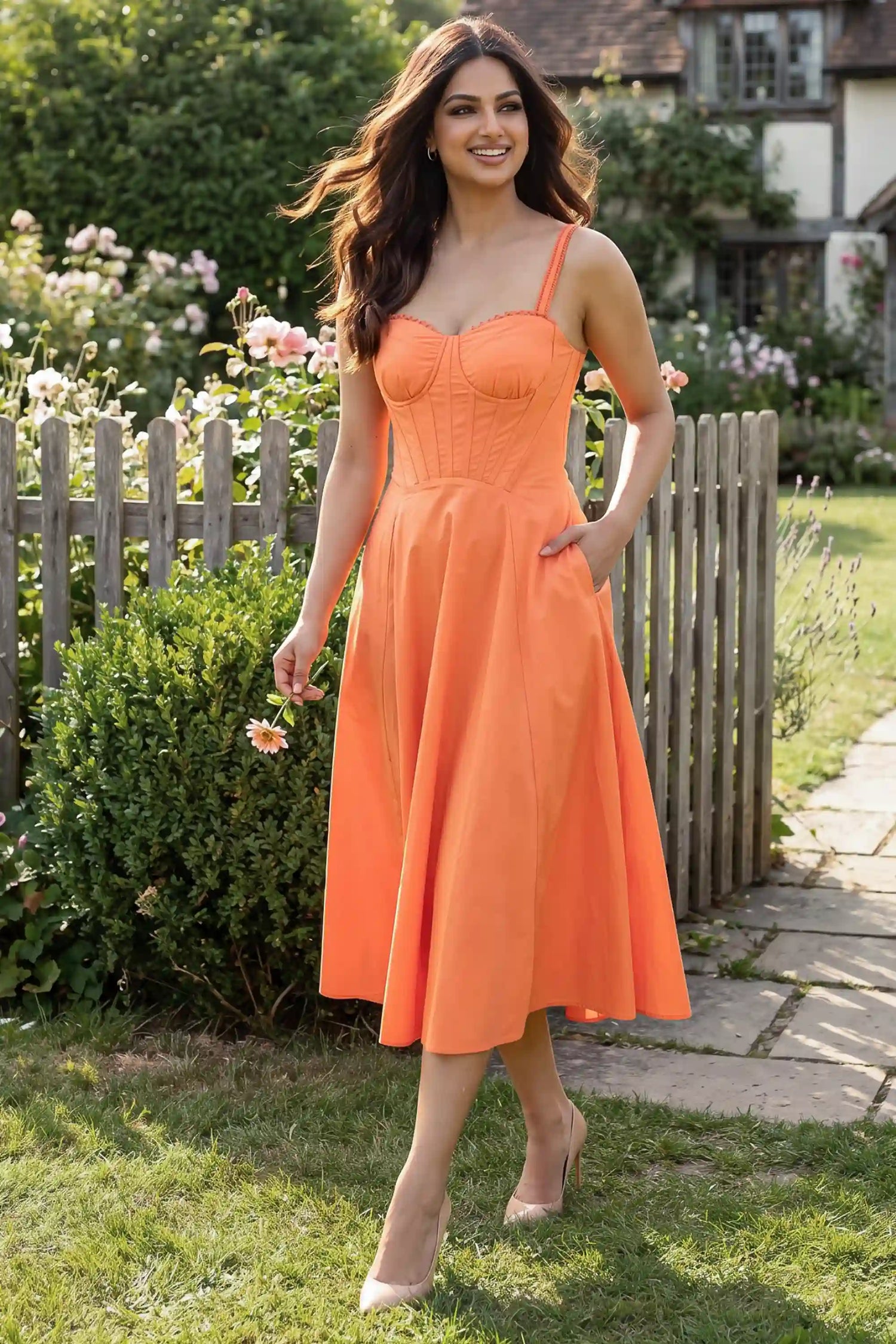Sandhu coral sweetheart midi dress: A-line structured bodice women elegant garden style