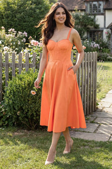 Coral Orange Spaghetti Strap Bustier Cotton Midi Dress