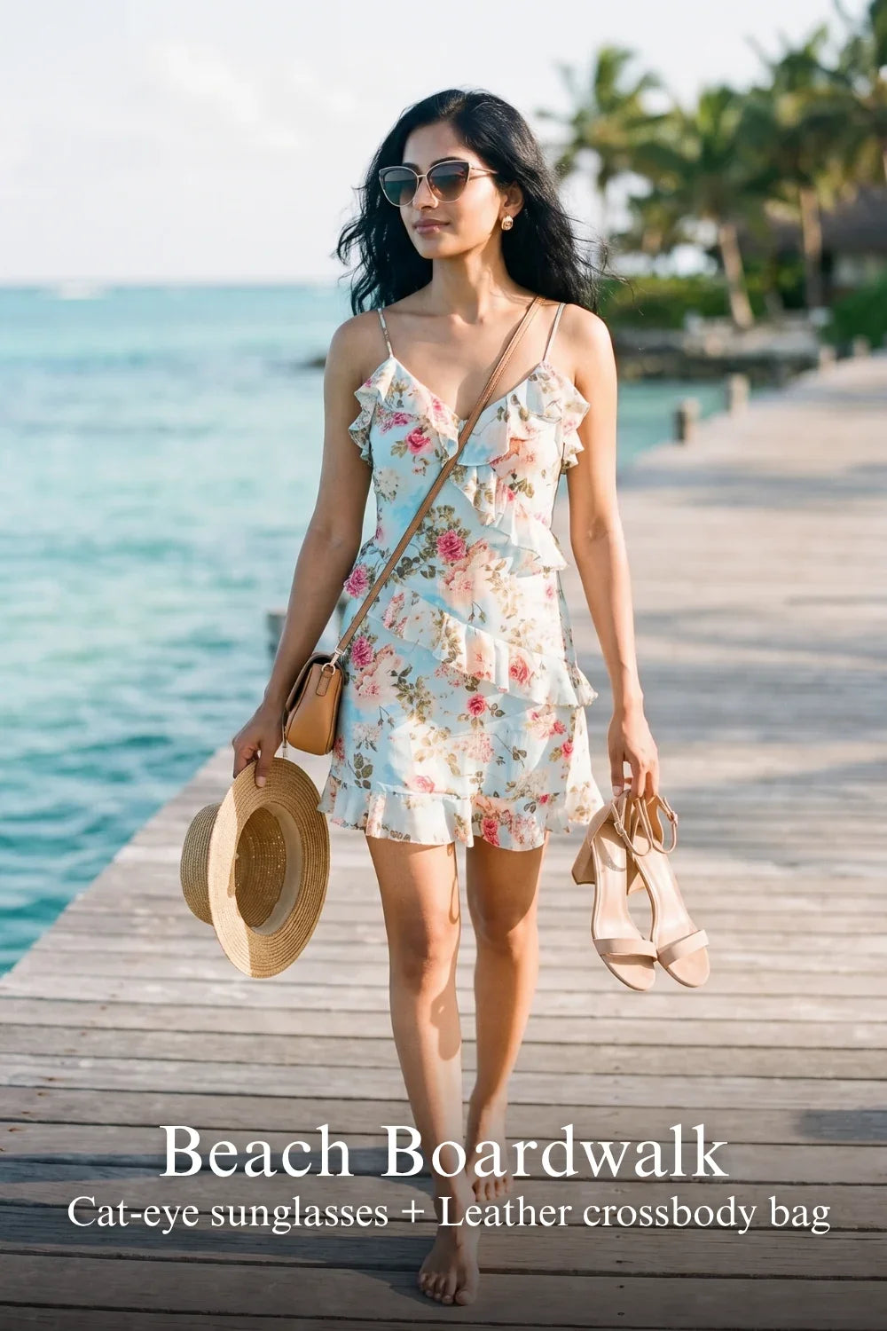 Pretty Pixie seabreeze rose ruffle mini dress for beach boardwalk sunset.