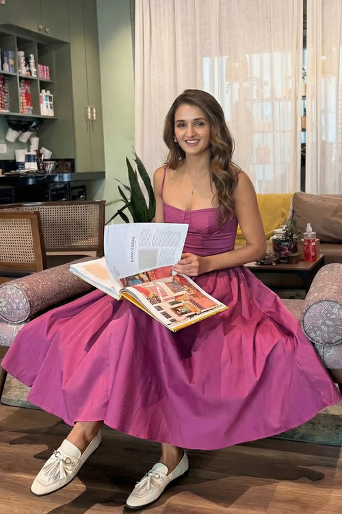 Shakti Mohan in berry bustier midi dress by Pretty Pixie