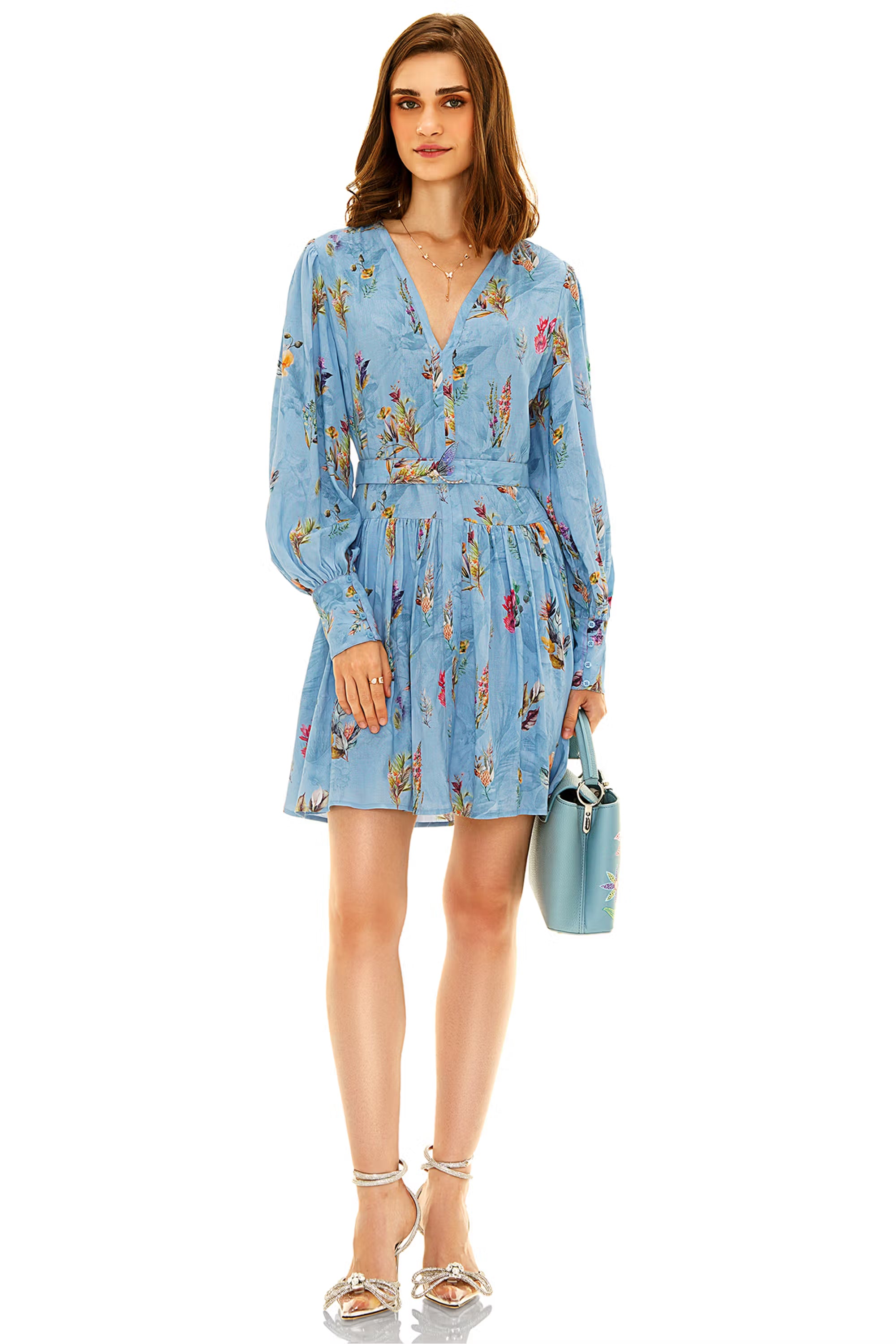 Sky blue floral V-neck mini dress with long sleeves, front view