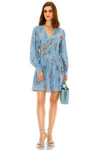 Sky blue floral v-neck mini dress with long sleeves front view