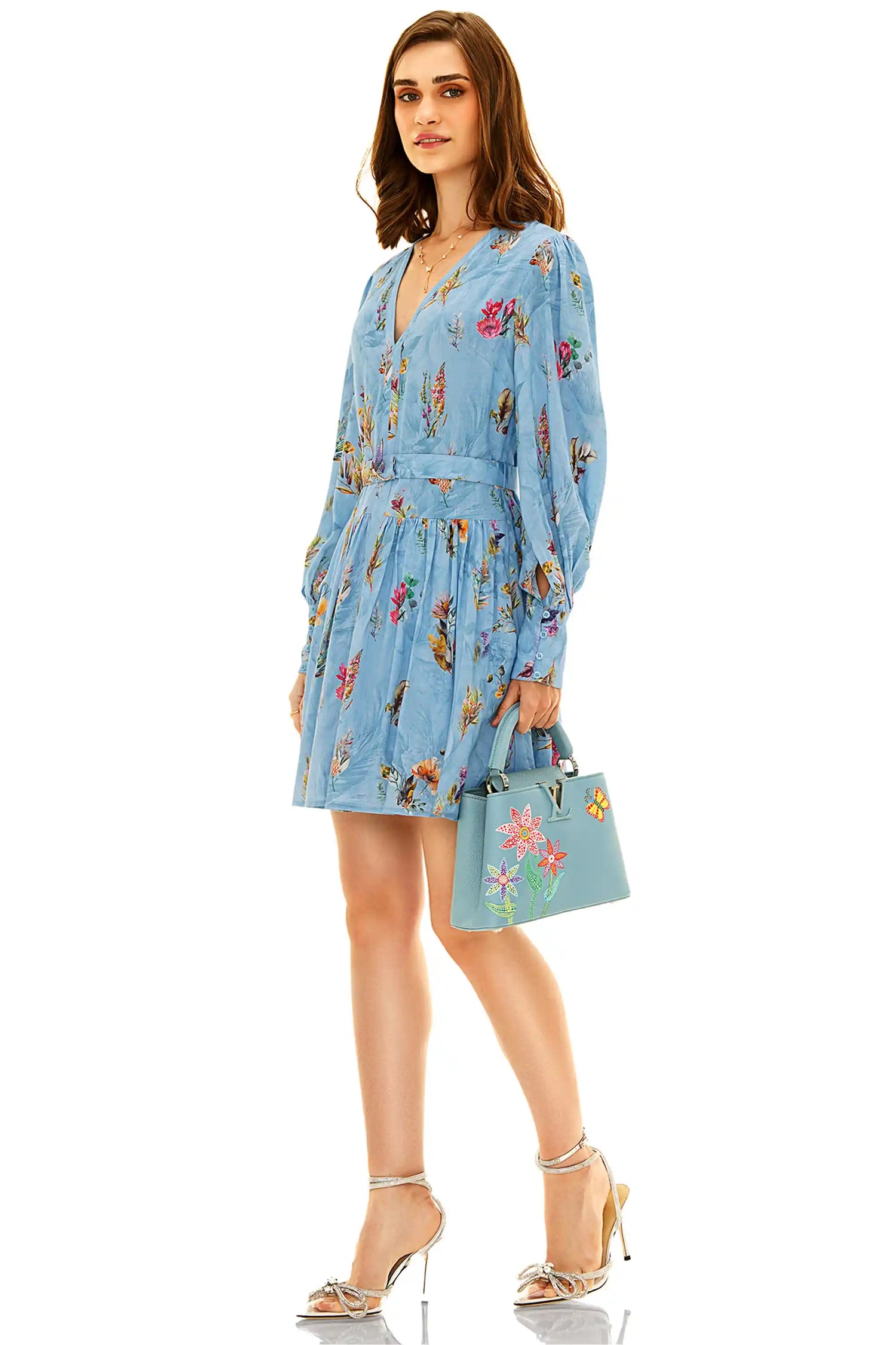 Sky blue floral v-neck mini dress with long sleeves side view