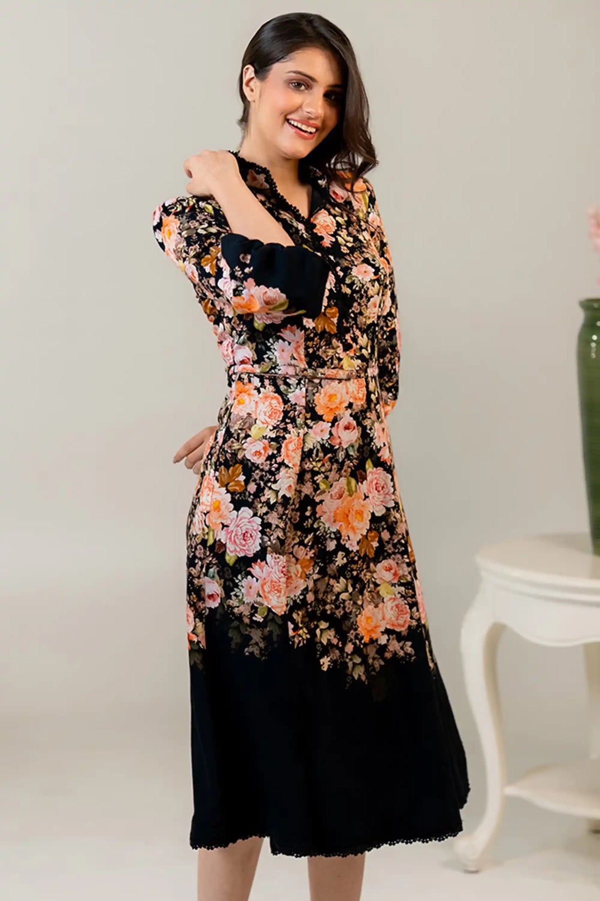 Black Floral Midi Dress