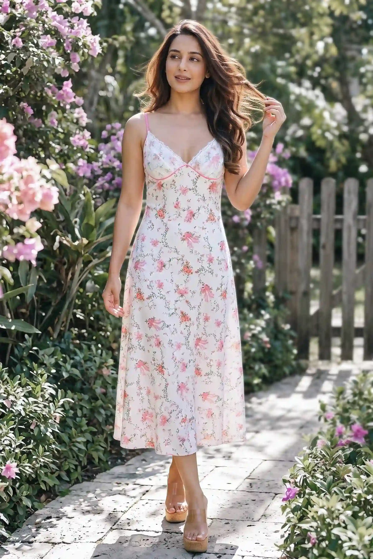 Floral Bow Print Lace Bustier Slip Maxi Dress — white-solid