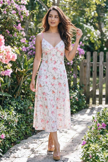 White Floral Bow Print Lace Bustier Slip Maxi Dress