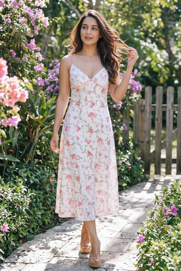 White Floral Bow Print Lace Bustier Slip Maxi Dress — view 1