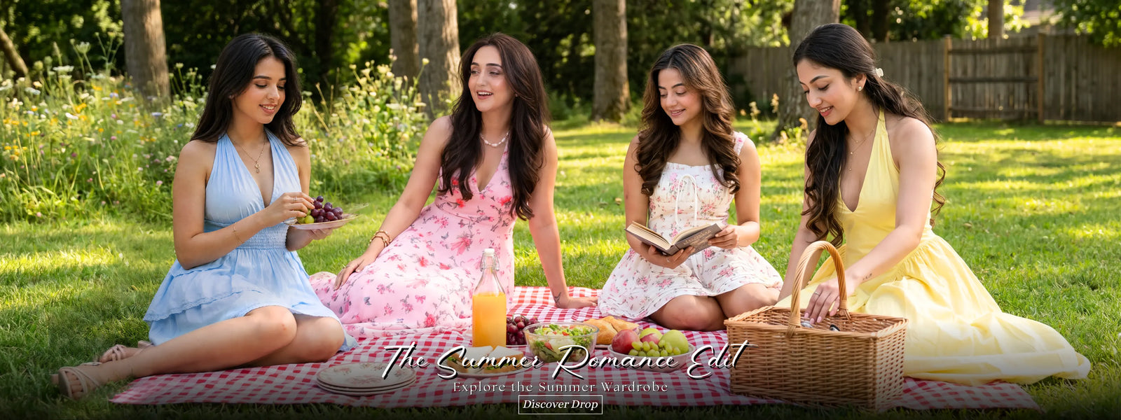Four women in blue pink cream and yellow summer dresses at garden picnic with food and flowers