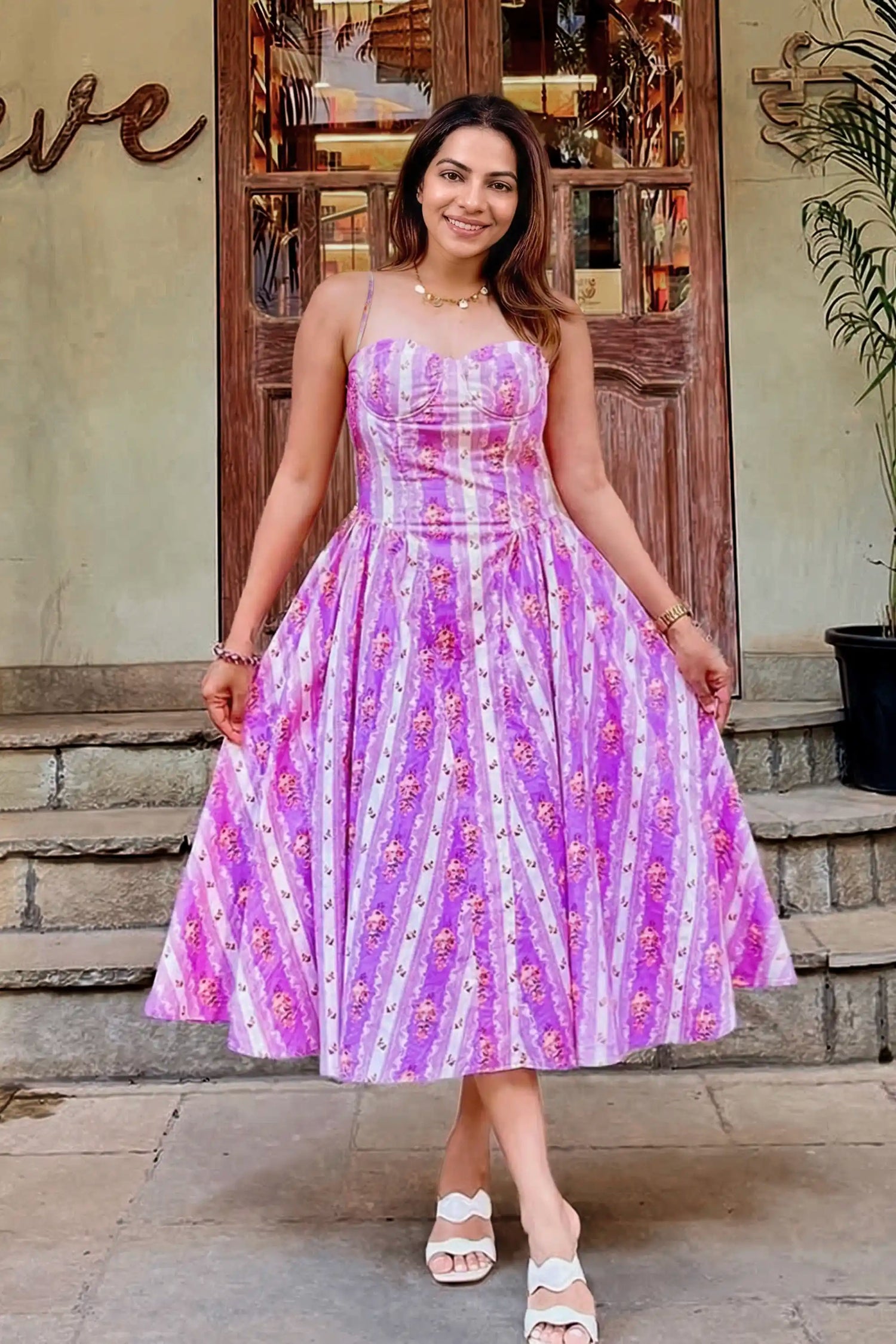 Tanvi in lilac floral stripe bustier midi dress by Pretty Pixie