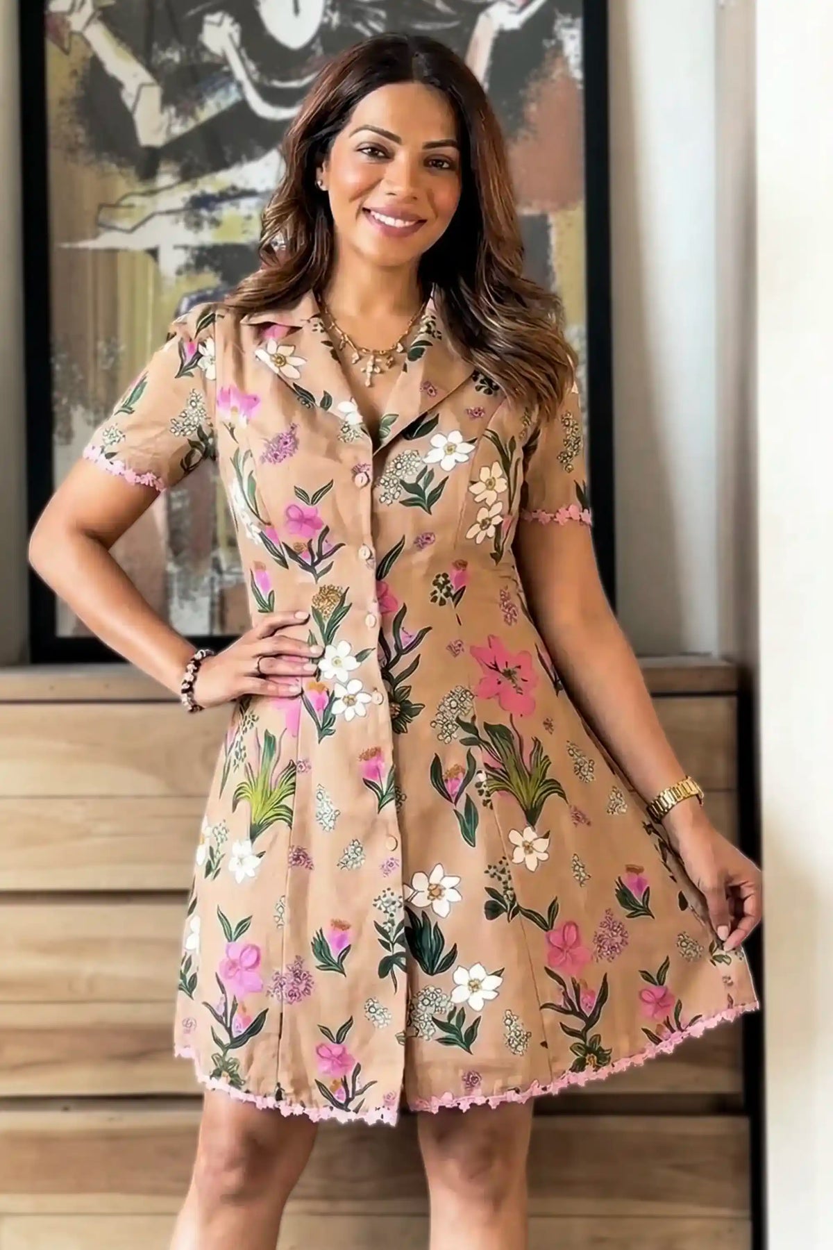 Tanvi in tan floral button front mini dress by Pretty Pixie