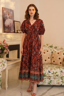 Tayra Floral Border Smocked-Waist Midi Dress
