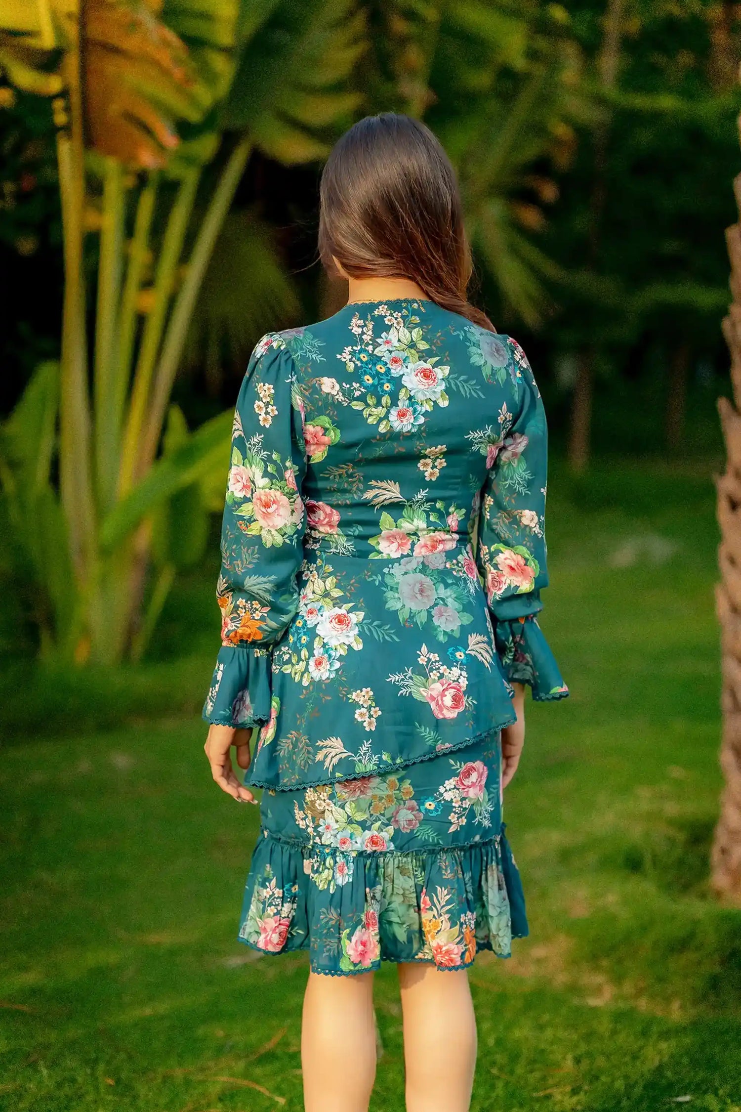 Teal green floral ruffle wrap dress back design