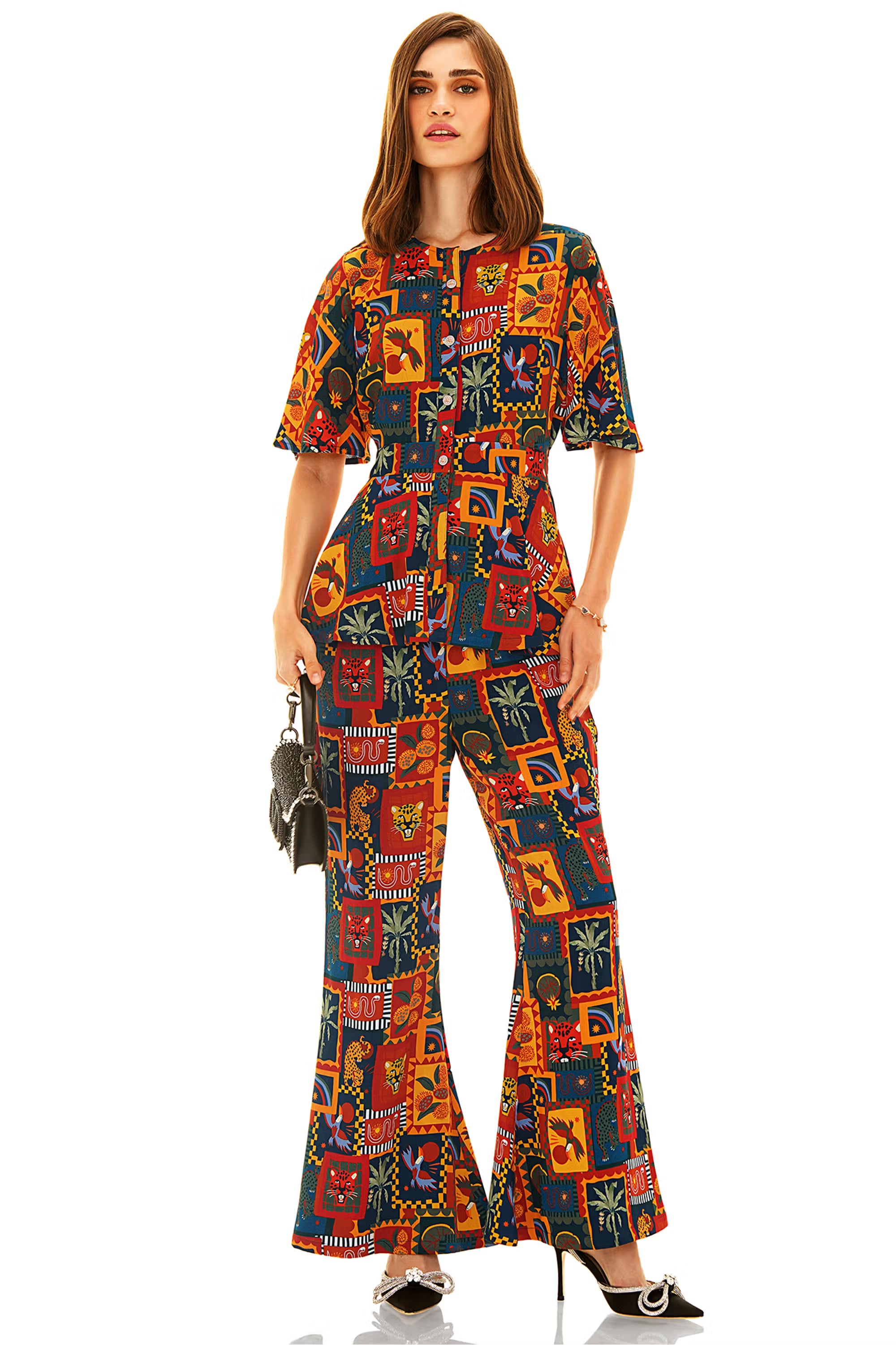 Front view of tropical patchwork peplum co-ord set