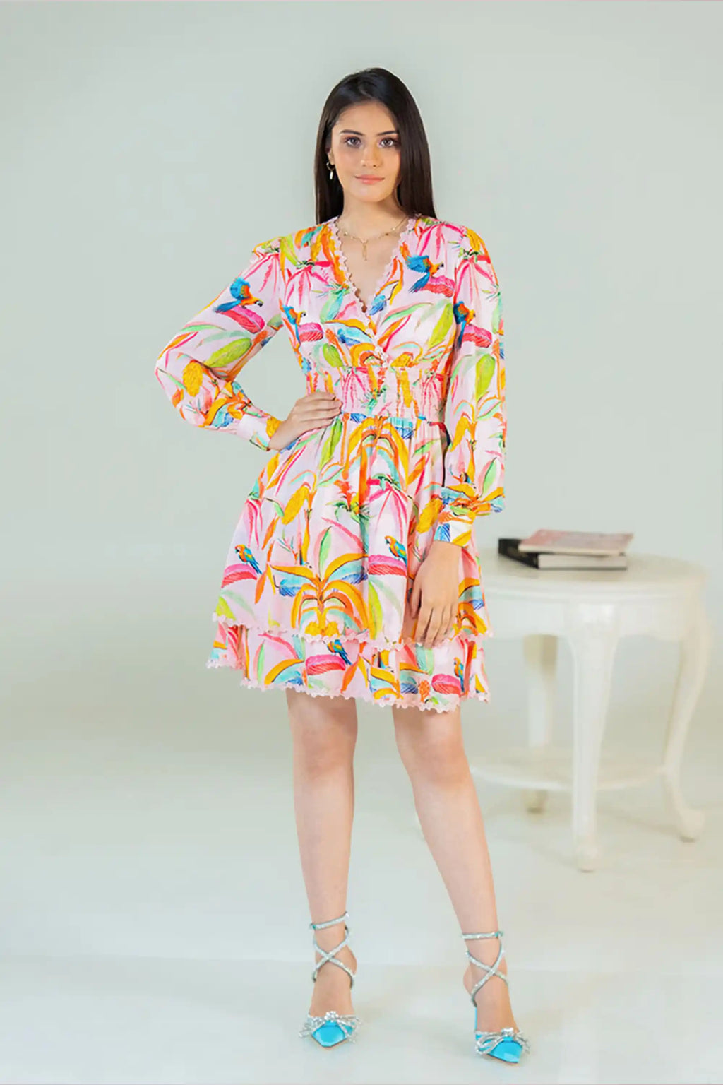 Tropical parrot print pink short dress with long sleeves front view