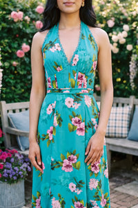 Halter neckline detail with turquoise floral print and lace trim on organic cotton maxi dress; women's occasion dresses