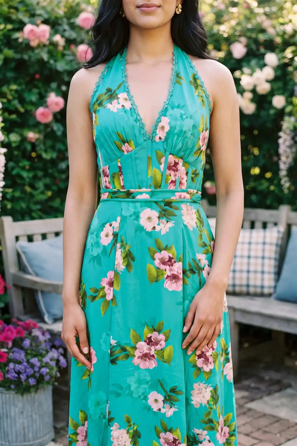 Halter neckline detail with turquoise floral print and lace trim on organic cotton maxi dress; women's occasion dresses