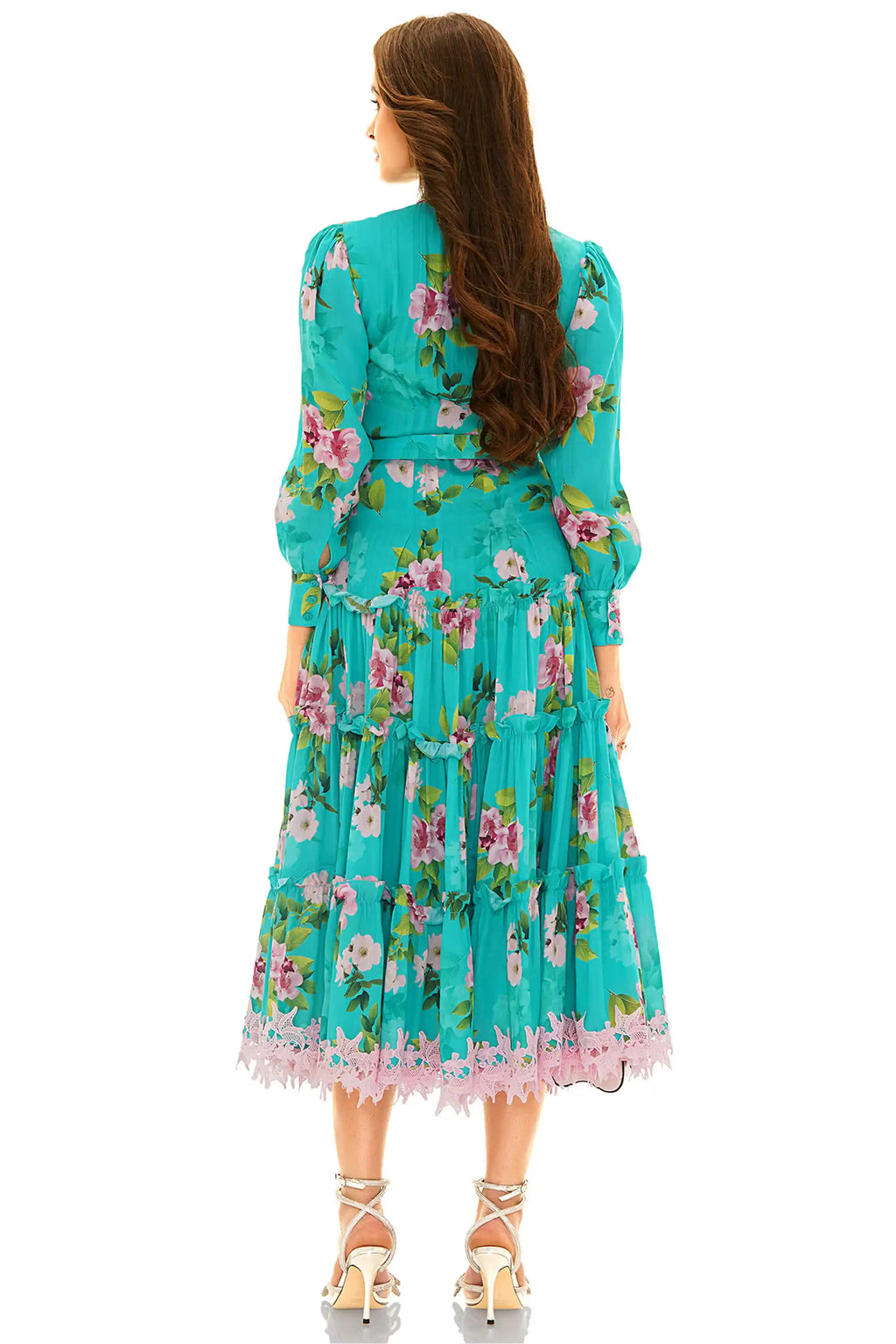 Back view of turquoise floral long sleeve tiered midi dress with lace trim