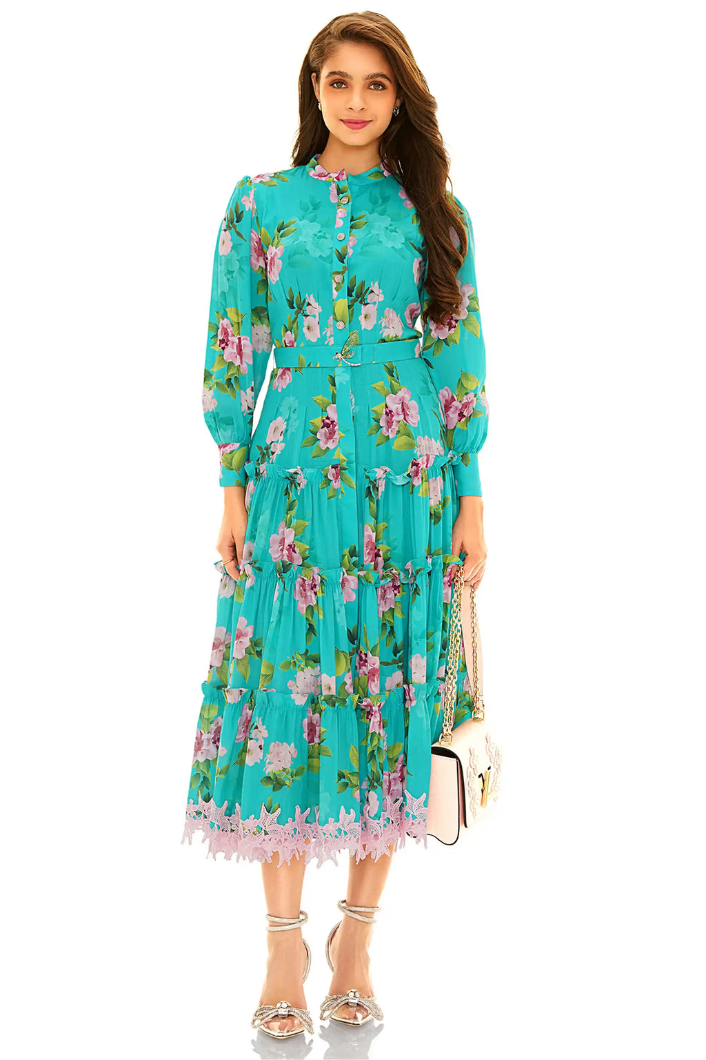 Front view of turquoise floral tiered midi dress with pink lace hemline