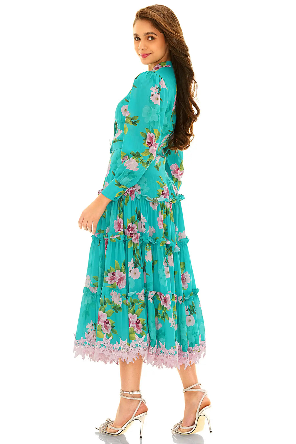 Turquoise floral tiered midi dress side view with lace hem and long sleeves