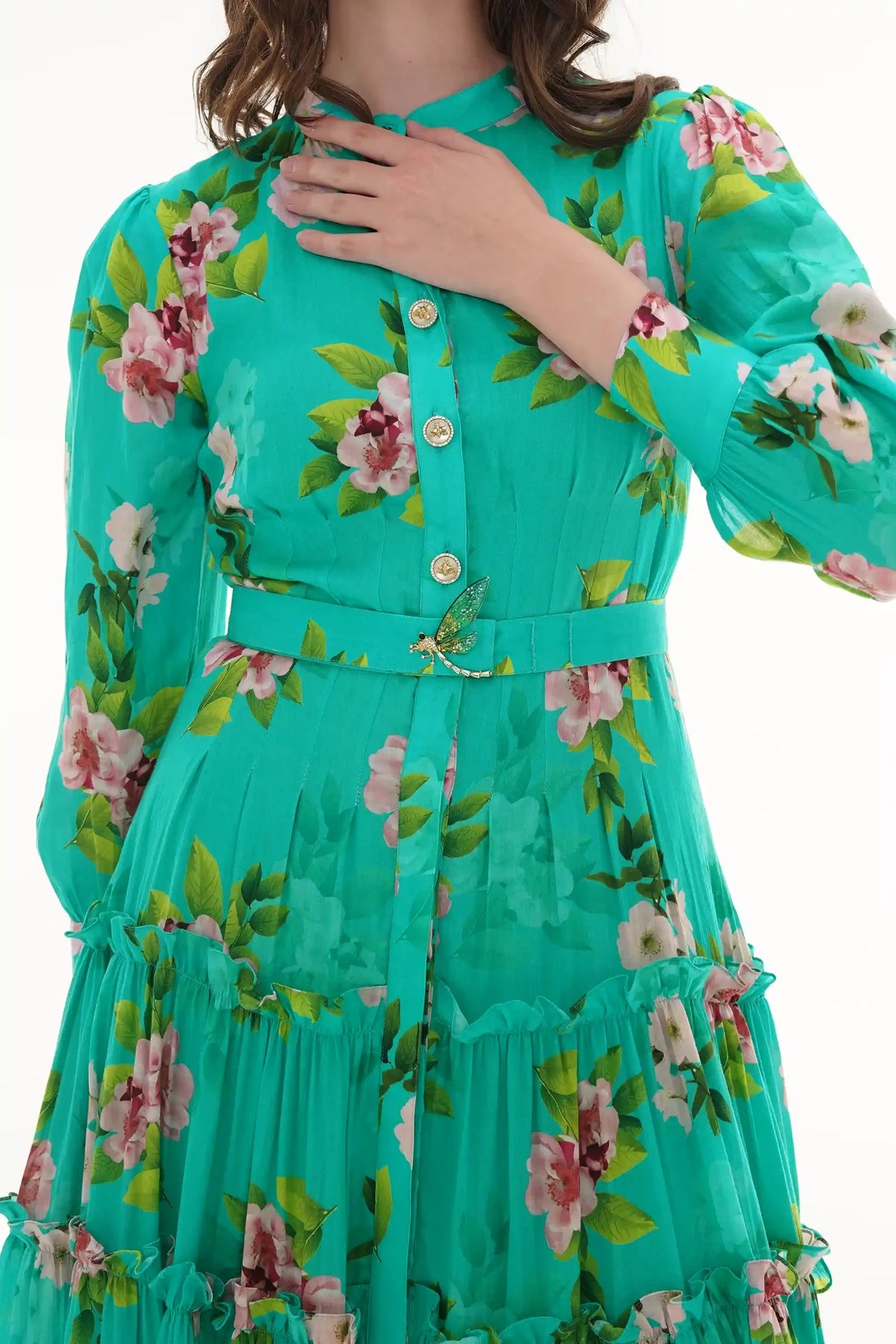 Close-up of Pretty Pixie turquoise floral V-neck puff-sleeve maxi dress, fabric detail