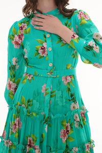 Close-up of Pretty Pixie turquoise floral V-neck puff-sleeve maxi dress, fabric detail