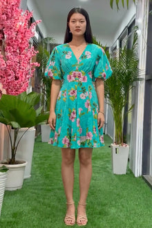 Turquoise Floral Puff-Sleeve V-Neck Mini Dress