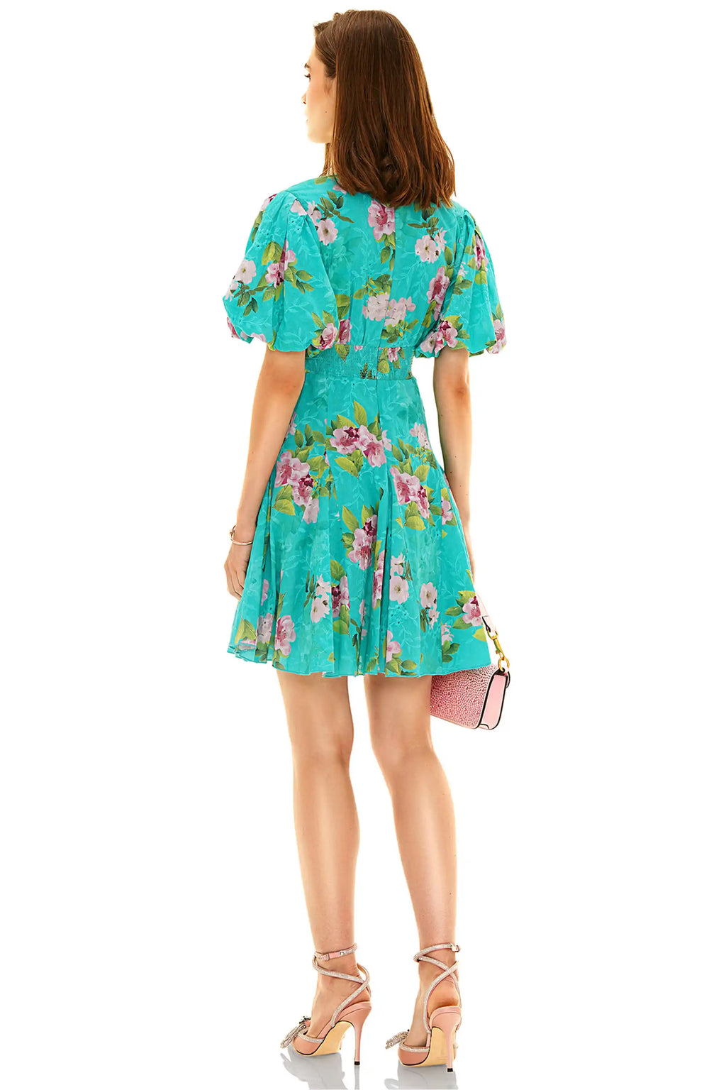 Back view of turquoise floral v-neck mini dress with puff sleeves