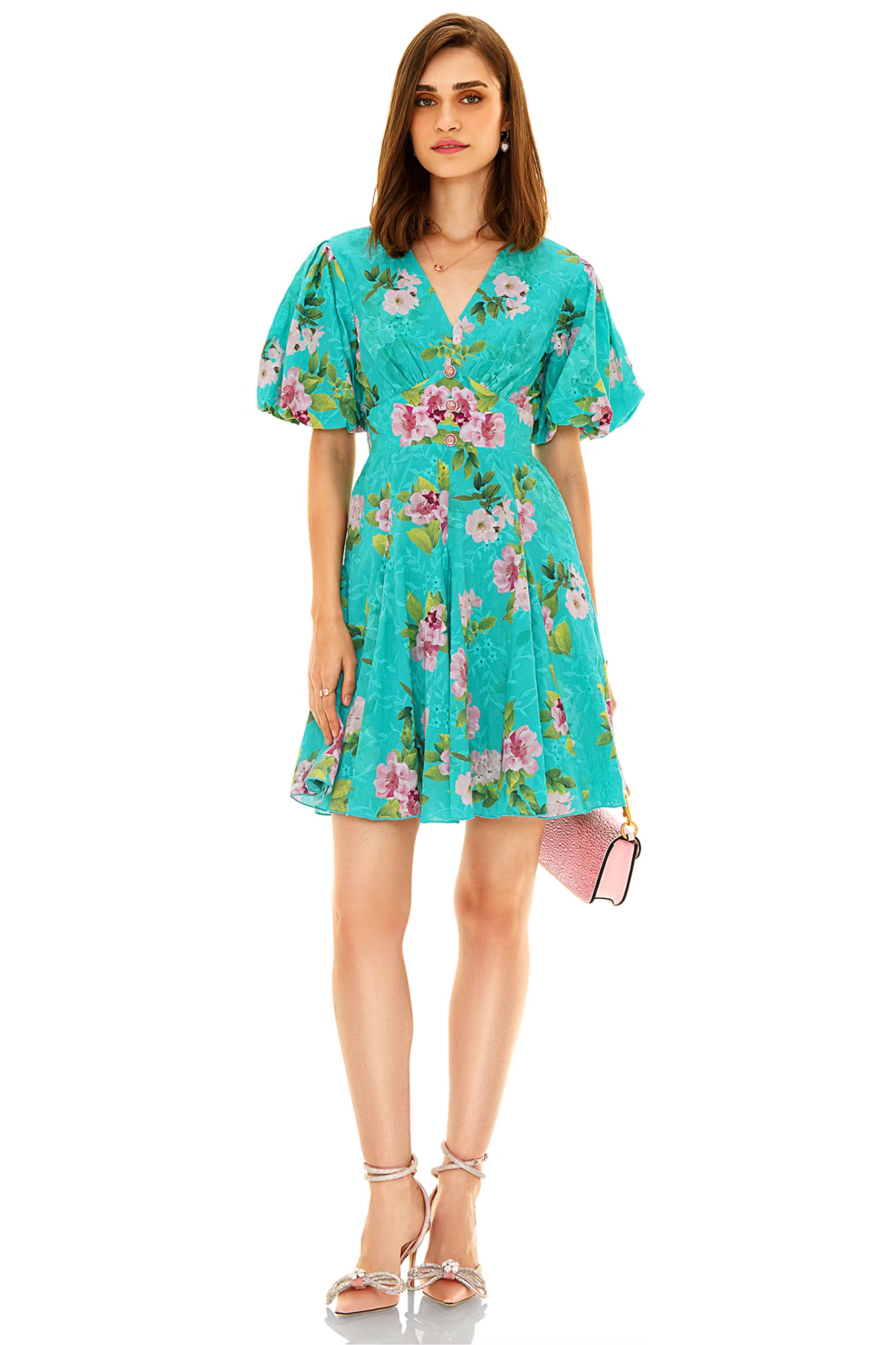 Turquoise floral mini dress front view with puff sleeves and V-neck