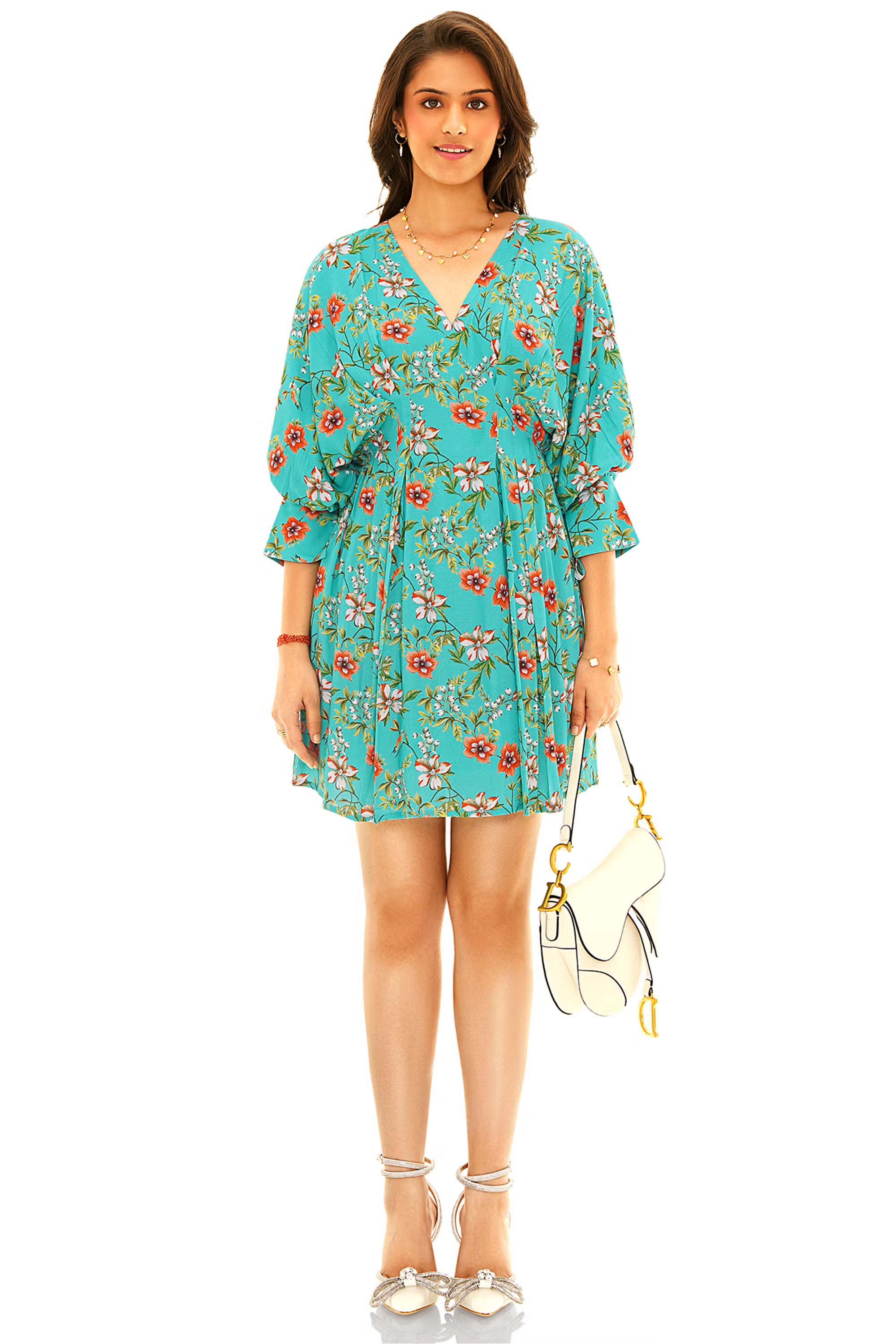 Turquoise floral V-neck puff-sleeve mini dress with flared hem, front view