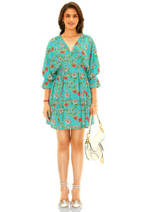 Pretty Pixie turquoise floral v neck puff sleeve mini dress front