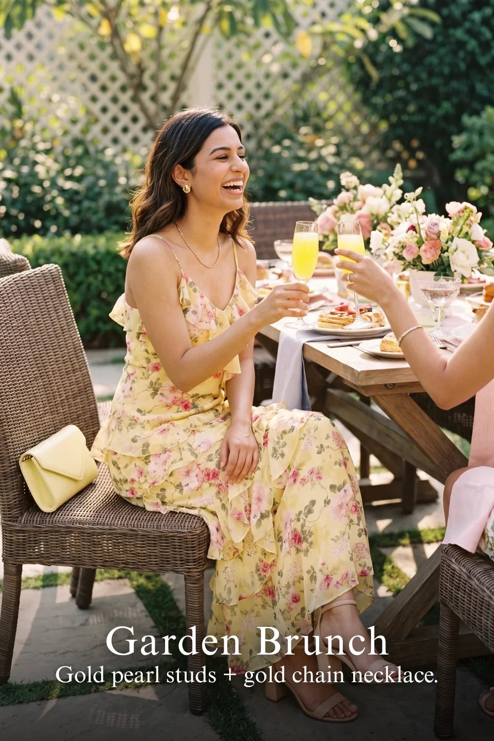 Pretty Pixie tuscan sun ruffle maxi dress for garden brunch look.